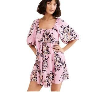 King Csilla Linen Blend Mini Dress Babydoll Scoop Neck Pink Floral Boho Indie S